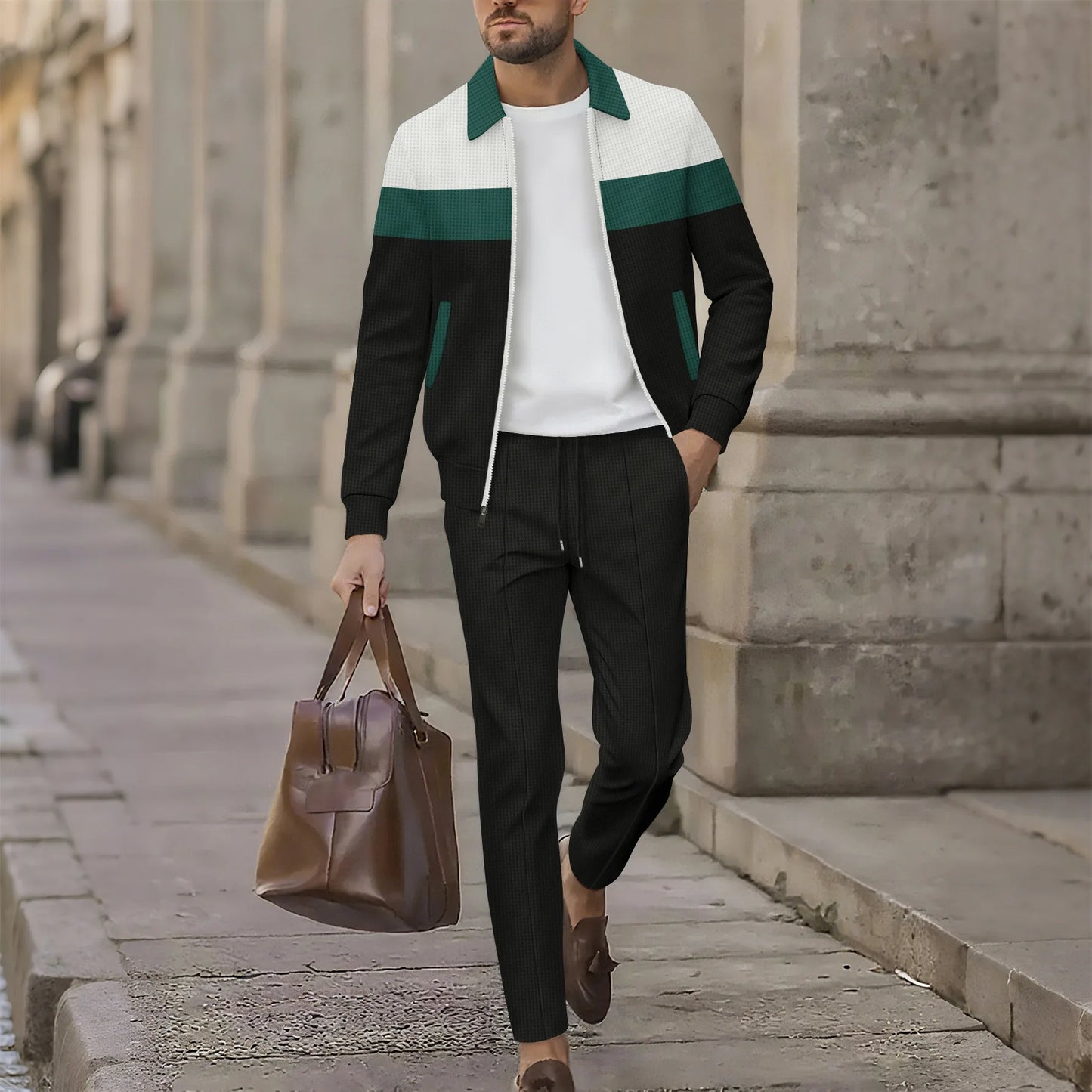 Spring/Autumn Men's Casual Sport Jacket Set - High-Quality Multi-Color Zippered Pockets, Collarless, Slim-Fitting Cardigan