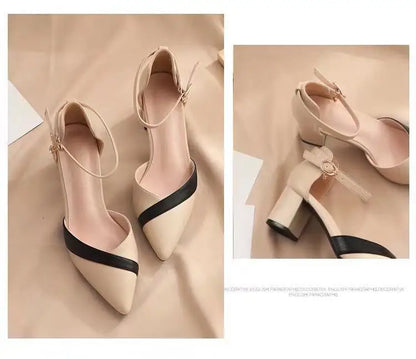 Women's Classic Beige Square Heel Pointed Shoes for Party Ladies Spring Summer Black Buckle PU Leather Profession Pumps