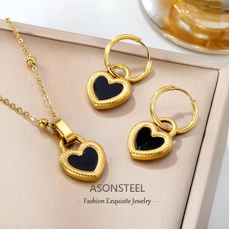 ASONSTEEL Black Shell Heart Necklace Earrings Jewelry Sets Stainless Steel Fashion Exquisite Waterproof Women Anniversary Gift