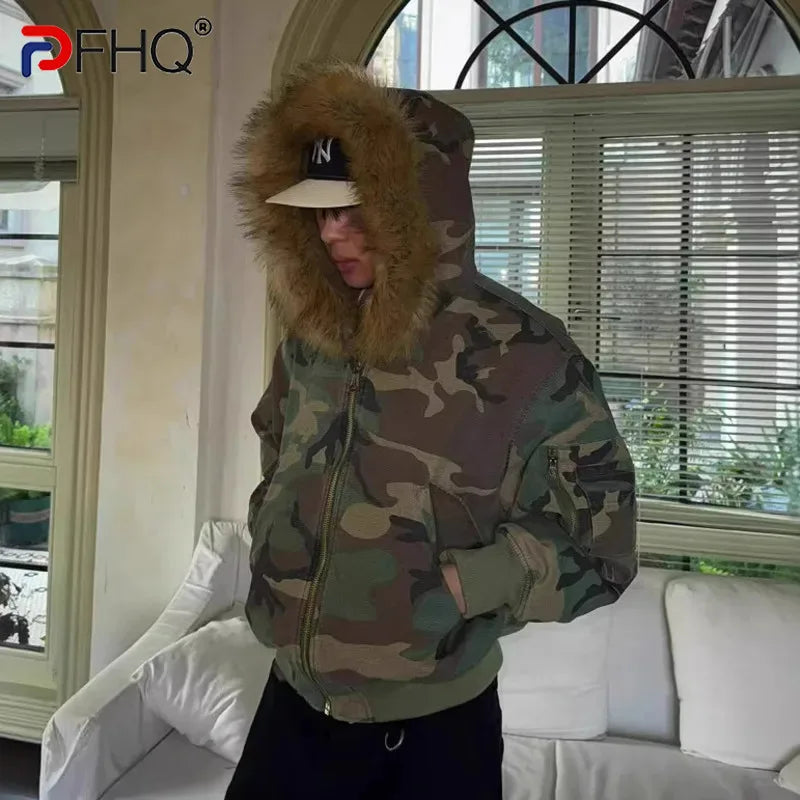 PFHQ Hooded Collar Camouflage Men's Cotton Jacket American Style Reversible Thickened Faux Rabbit Fur Coats Winter New 21P1794