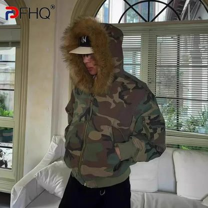 PFHQ Hooded Collar Camouflage Men's Cotton Jacket American Style Reversible Thickened Faux Rabbit Fur Coats Winter New 21P1794