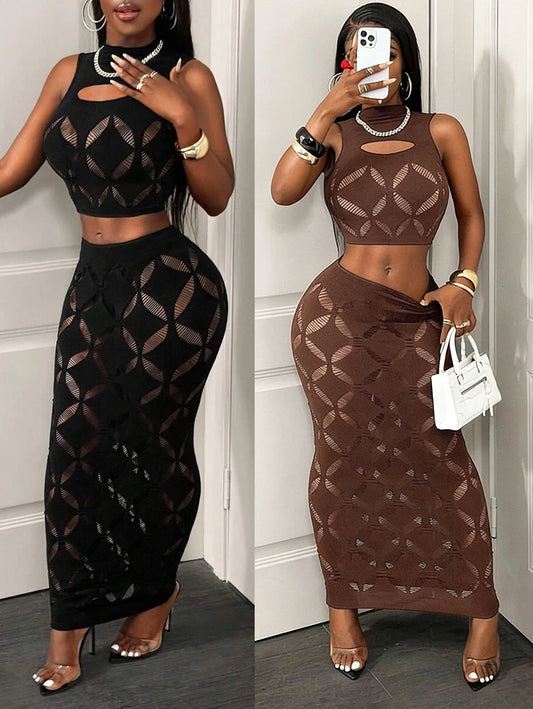 FHSEER Plus Size 2PCS Women's Sexy Set See Through Mesh Hollow Out Crop Tank & High Waist Bodycon Mini Skirt Stretechy Clubwear