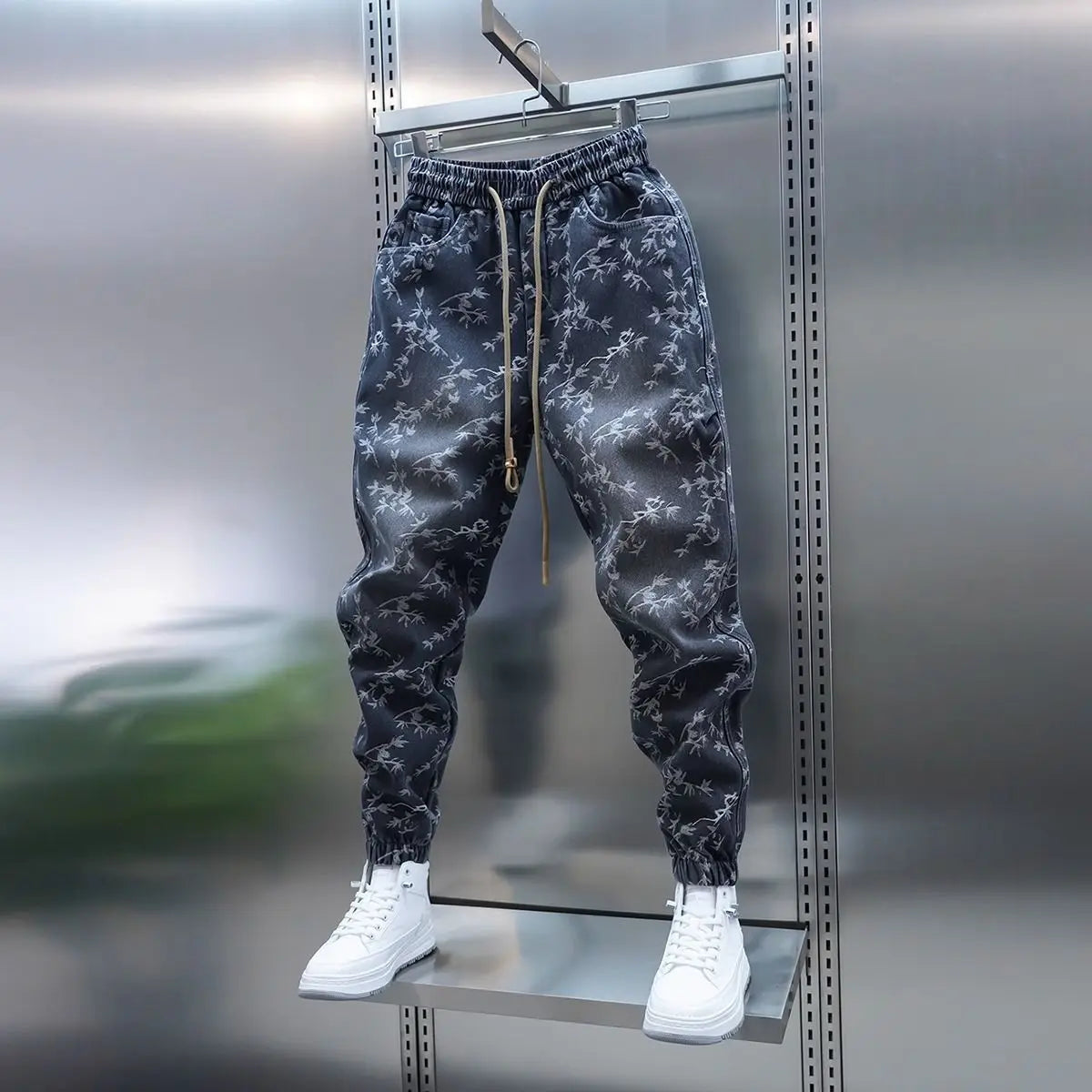 Trendy Men's Spring and Summer New Jeans Light Blue Heavy Industry Jacquard Leggings Thin Designer Luxury Elastic Waist Pants