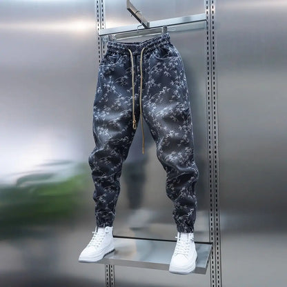 Trendy Men's Spring and Summer New Jeans Light Blue Heavy Industry Jacquard Leggings Thin Designer Luxury Elastic Waist Pants