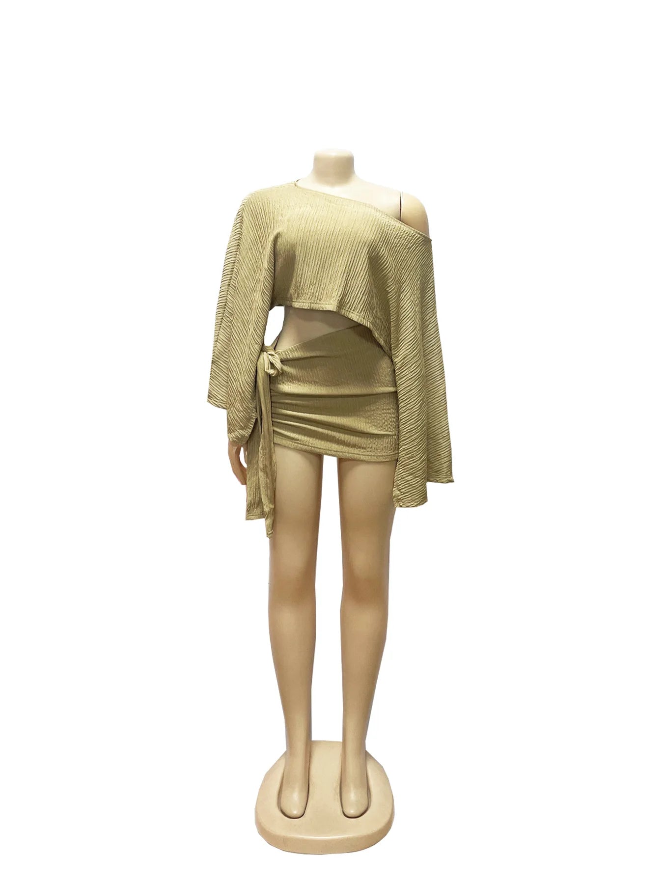 Weird Puss Sexy 2 Piece Set Women Skew Collar Loose Crop Tops+Ruched Knot Ribbon Skirt Matching Beach Vacation Party Club Suit