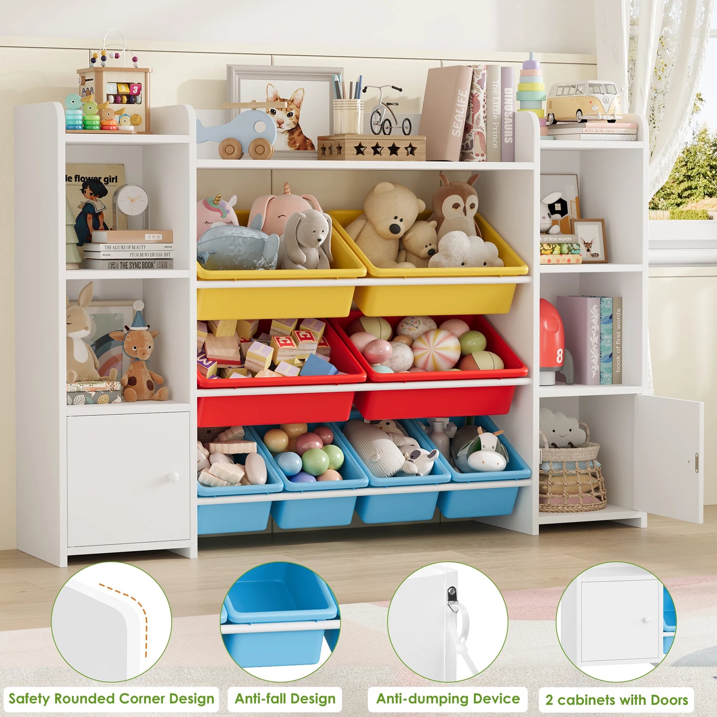 Getone Toy Storage Unit Children's Bookcase Toy Organiser Kids Storage with 8 Removable Boxes and Storage Shelves for Living Room Playroom Bedroom 138.8 x 29.6 x 94.3 cm