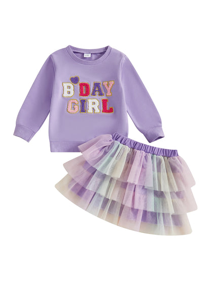 Citgeett Autumn Kids Toddler Girl Birthday Outfit Heart Letter Embroidered Long Sleeve Sweatshirt Contrast Tulle Skirt Set