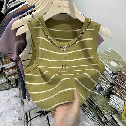 AOSSVIAO 2026 New Waistcoat Women Wear Striped Wide Edge Temperament Summer Top Short Knit Sleeveless Bottom Shirt