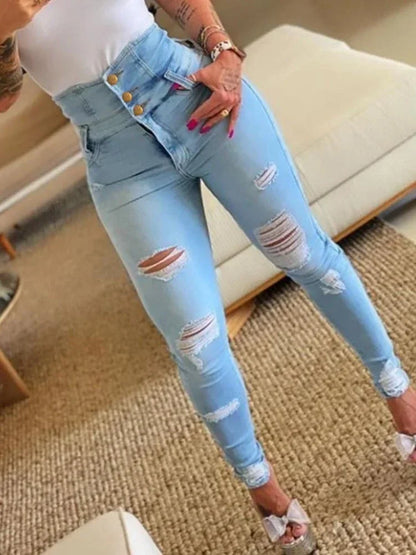 Women Jeans Distressed Denim Pencil Pants Washing Slim Fit Pockets Streetwear Holes Summer Flat Button Fly Slight Strech 2025