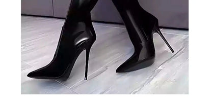 Arden Furtado Patent Leather Skinny boots Pointed toe Side zipper Super high heel Knee high boots Extra large size boots
