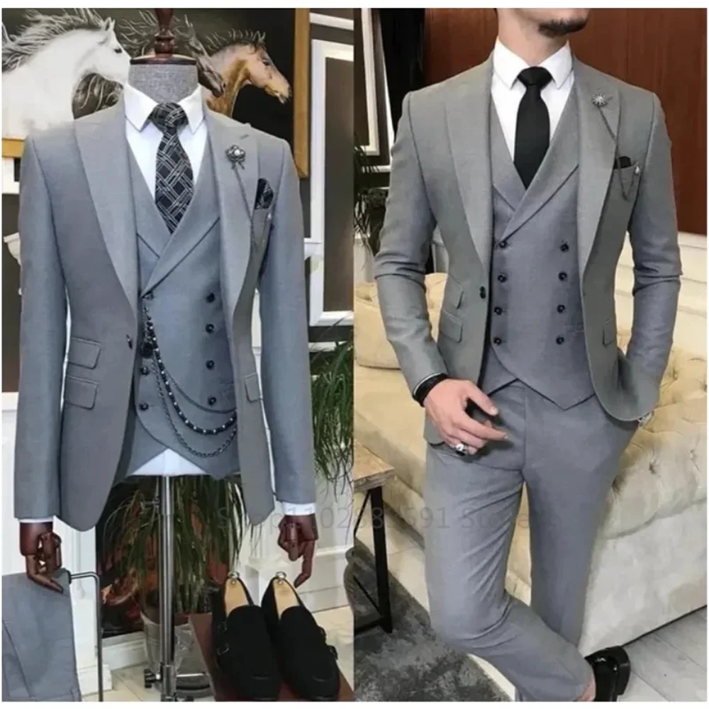 New Business Khaki Formal Men's Slim Fit Suits 3 Pieces Wedding Groom Prom Terno Masculino Custom Blazer Jacket Vest Pant Sets