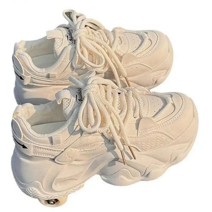 High Platform Sneakers Women Leather Dad Shoes Women Black Chunky Sneakers Thick Sole Shoes 2025 Fashion Height Increasing Shoes