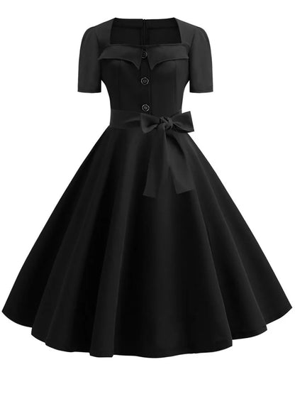 Women Vintage Dress Summer 50s 60s Retro Swing Rockabilly Vestidos Elegant Black Polka Dot Office Party Dress