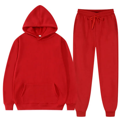 Men Sets Sweatshirts Solid Hooded Hoodies Pencil Pants Two Pieces Ankle Length Pant Pockets Elastic Waist Casual Winter