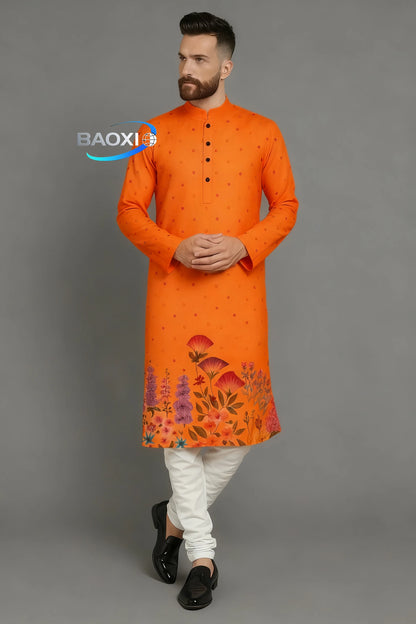 Men digital printed kurta vardha regular fit Mandarin collar long suitable All Occasions such wedding Hari Raya Aidilfitri.