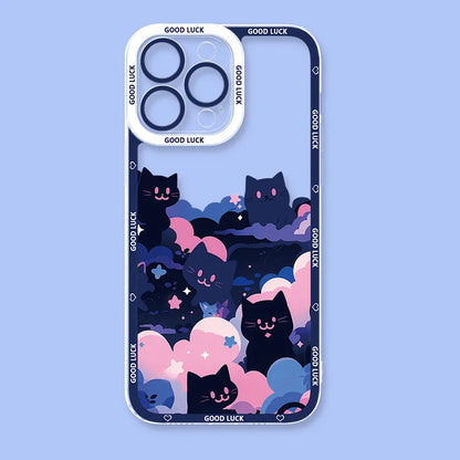 Starry Sky Black Cats Clear Phone Case For iPhone 15 14 13 11 12 16 Pro XS Max Mini XR X SE 7 8 Plus Transparent Cover Fundas