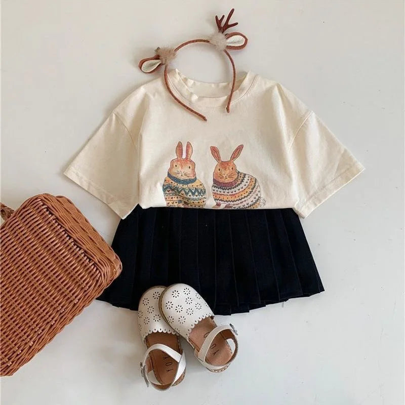 Summer Toddler Baby Girl Solid Cotton Clothes Short Sleeve Cartoon Rabbit Printed T-shirts Kids Leisure Ins Tops Tees
