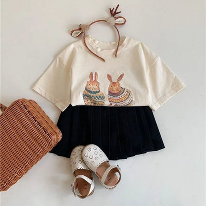 Summer Toddler Baby Girl Solid Cotton Clothes Short Sleeve Cartoon Rabbit Printed T-shirts Kids Leisure Ins Tops Tees