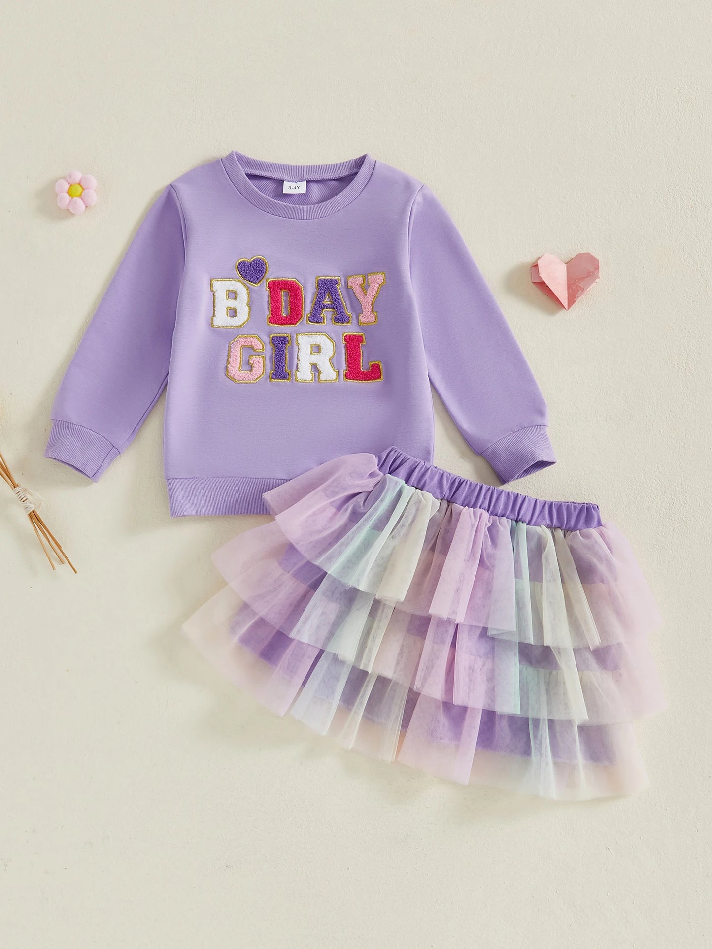 Citgeett Autumn Kids Toddler Girl Birthday Outfit Heart Letter Embroidered Long Sleeve Sweatshirt Contrast Tulle Skirt Set