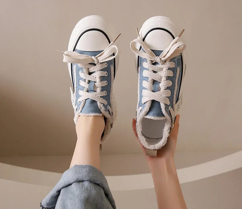 2025 Autumn New Women's Canvas Shoes Round Head Thick Soles Fringed Denim Casual Shoes Increased Height Sports