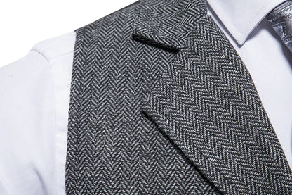 New Men's Retro Lapel Vest Herringbone Coarse Tweed Pockets Suit Vest British Casual Vintage Gentleman Leisure Party Bar Banquet