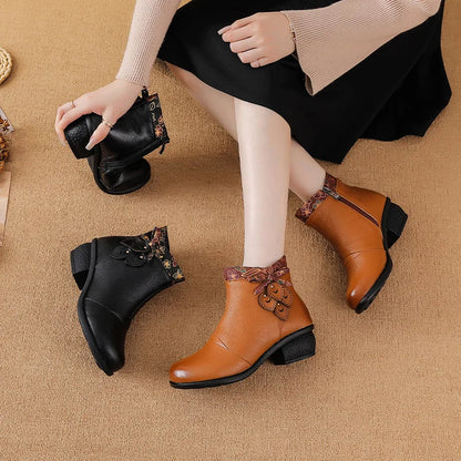 Top layer cowhide 2025 autumn and winter new retro ethnic style feature thick heel buckle splicing versatile women's short boots