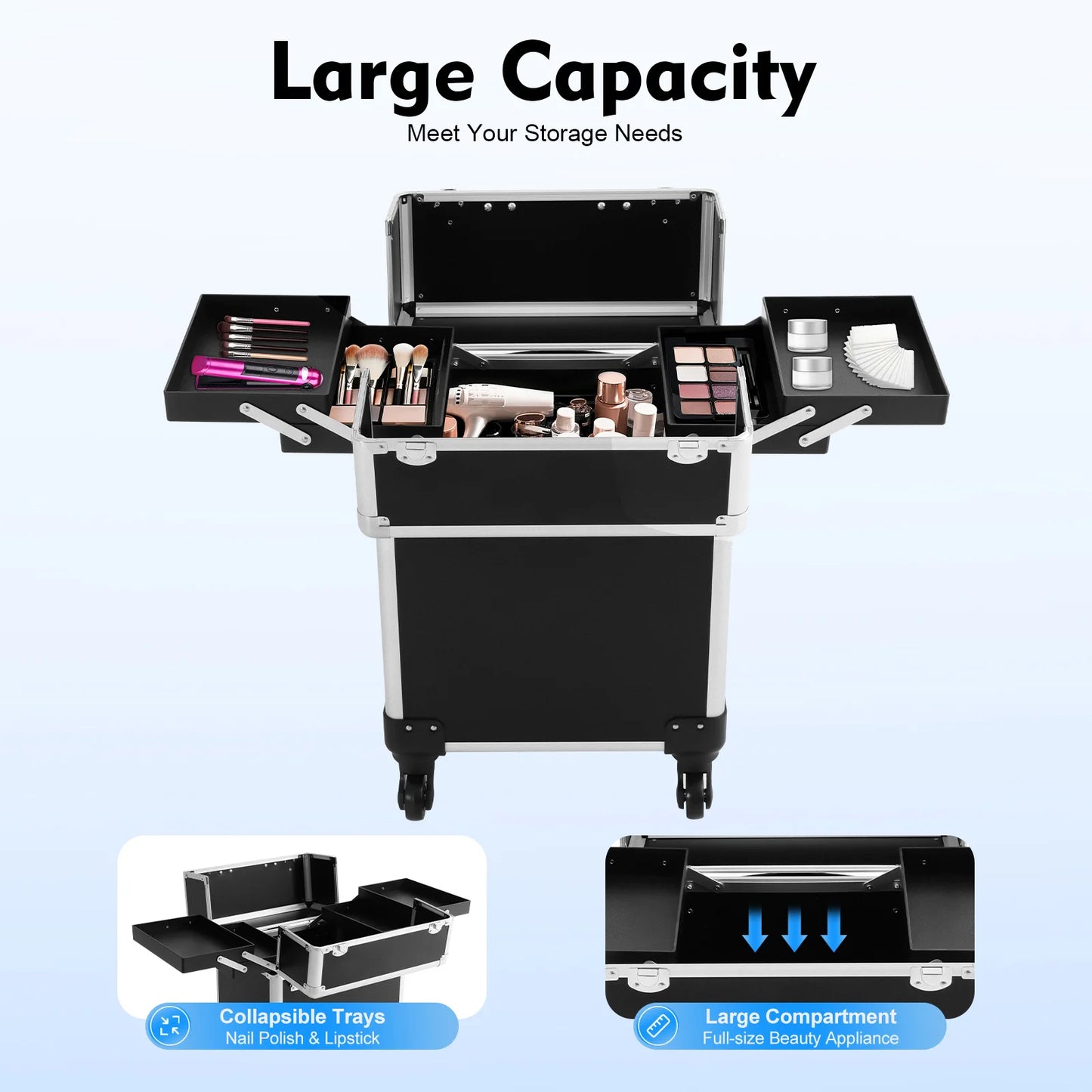 Rolling Makeup Train Case,Cosmetic Trolley with Keys,Hairdressing Travel Case,Large Capacity Trolley Makeup Box,Pink/Black