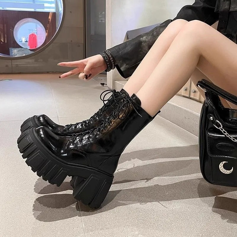 Fashion Platform Mid-calf Boots Black Thick High Heel Punk Short Boots Goth Style Cool Girl Spring Autumn Street Women's Shoes
