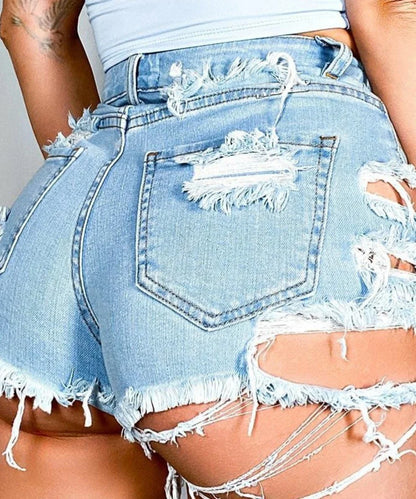 Hole Ripped Shorts Jeans Washed Distressed Denim High Waist Spliced Straight Loose Fit Pockets 2025 Vintage Casual Basics