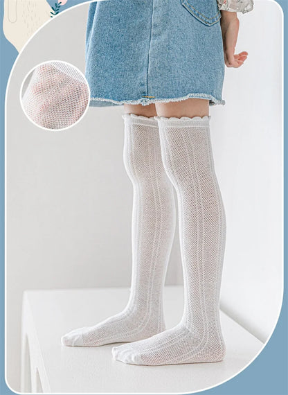 Children's Girl Knee High Long Socks 3-12Years White Color Princess Mesh Breathable School Spring Summer Fashion Kids Stockings