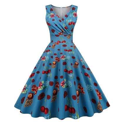 Floral Print 1950s 60s Vintage Women Dress Elegant Summer Robe Ladies Sleeveless V Neck A Line Swing Rockabilly Dresses 2025