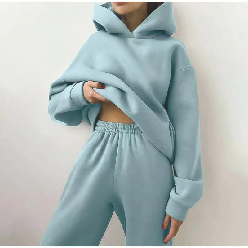 Two Piece Pant Sets Women Solid Thick Sweatshirts Hooded Full Sleeve Elastic Waist Spliced Long Pants Pockets Casual Suits