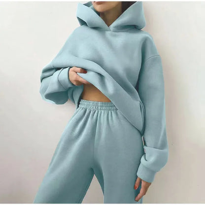 Two Piece Pant Sets Women Solid Thick Sweatshirts Hooded Full Sleeve Elastic Waist Spliced Long Pants Pockets Casual Suits