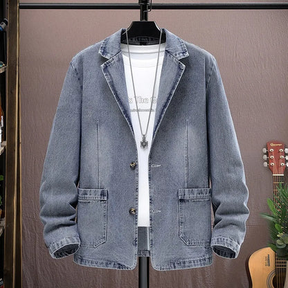 Autumn Winter Cotton Denim Suit Coats Men Loose Turn Down Collar Casual Denim Blazers Jacket Solid High Quality Suit Outwear Man