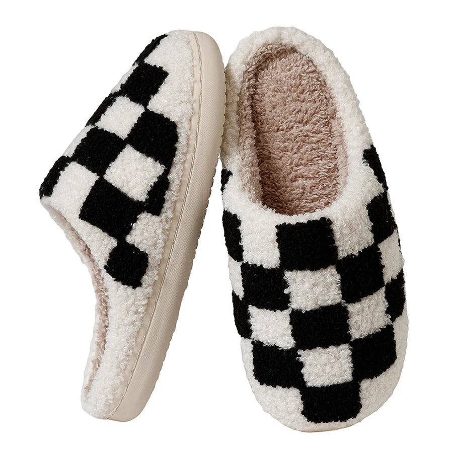 Slippers Classic Checkerboard Embroidered Pattern Women's Winter Indoor Soft Sole Warm Comfy Leisure Bedroom Fuzzy Home Shoes