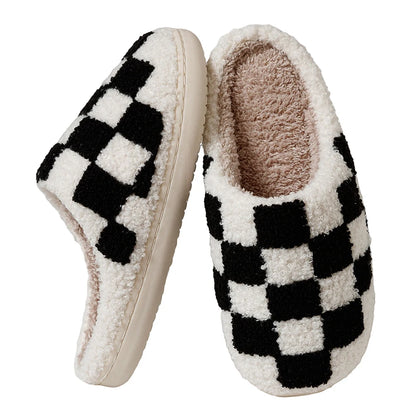 Slippers Classic Checkerboard Embroidered Pattern Women's Winter Indoor Soft Sole Warm Comfy Leisure Bedroom Fuzzy Home Shoes