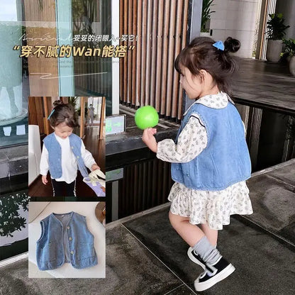 Children's Vest Spring and Autumn Season New Baby Versatile Shoulder Fashion Boys and Girls' Denim Vest Children Clothes