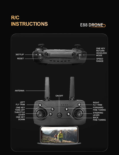 E88 ProIntelligent Folding Drone Supports single/Dual Camera Switching 4KPicture Quality+Wide-angle Shooting WiFiDirect Real-Tim