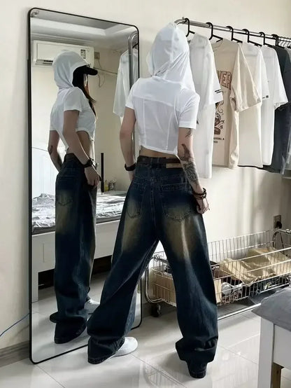 Women Jeans Distressed Full Length Wide Leg Denim Pants Spliced Zipper Fly Vintage Jean Pockets High Street Loose Fit Washed