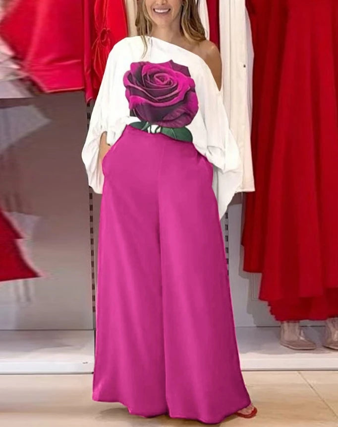 Women Casual Suits 2024 Spring/summer Latest Sketch Neck Rose Print Lantern Sleeves Long Sleeves Top&vacation Wide Leg Pants Set