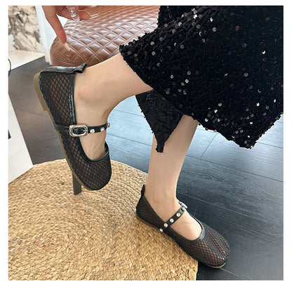 Mesh Breathable Flat Mary Jane Shoes Women Fashion Square Toe Soft Bottom Sandals Comfort Buckle Designer Ballet Shoe for Ladies