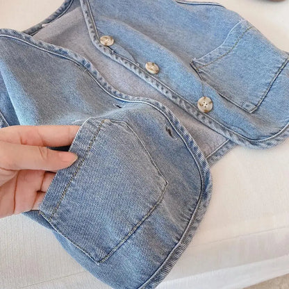 Children's Vest Spring and Autumn Season New Baby Versatile Shoulder Fashion Boys and Girls' Denim Vest Children Clothes