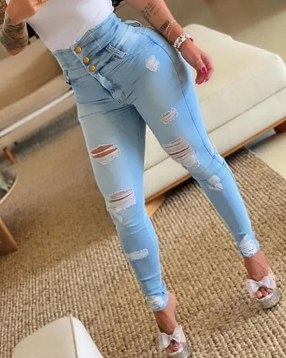 Women Jeans Distressed Denim Pencil Pants Washing Slim Fit Pockets Streetwear Holes Summer Flat Button Fly Slight Strech 2025
