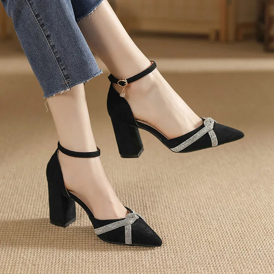 Size 30-44 Chunky Heel Hollow Point Toe High Heels Women Shoes Solid Color Ankle Strap Rhinestone Black Heels