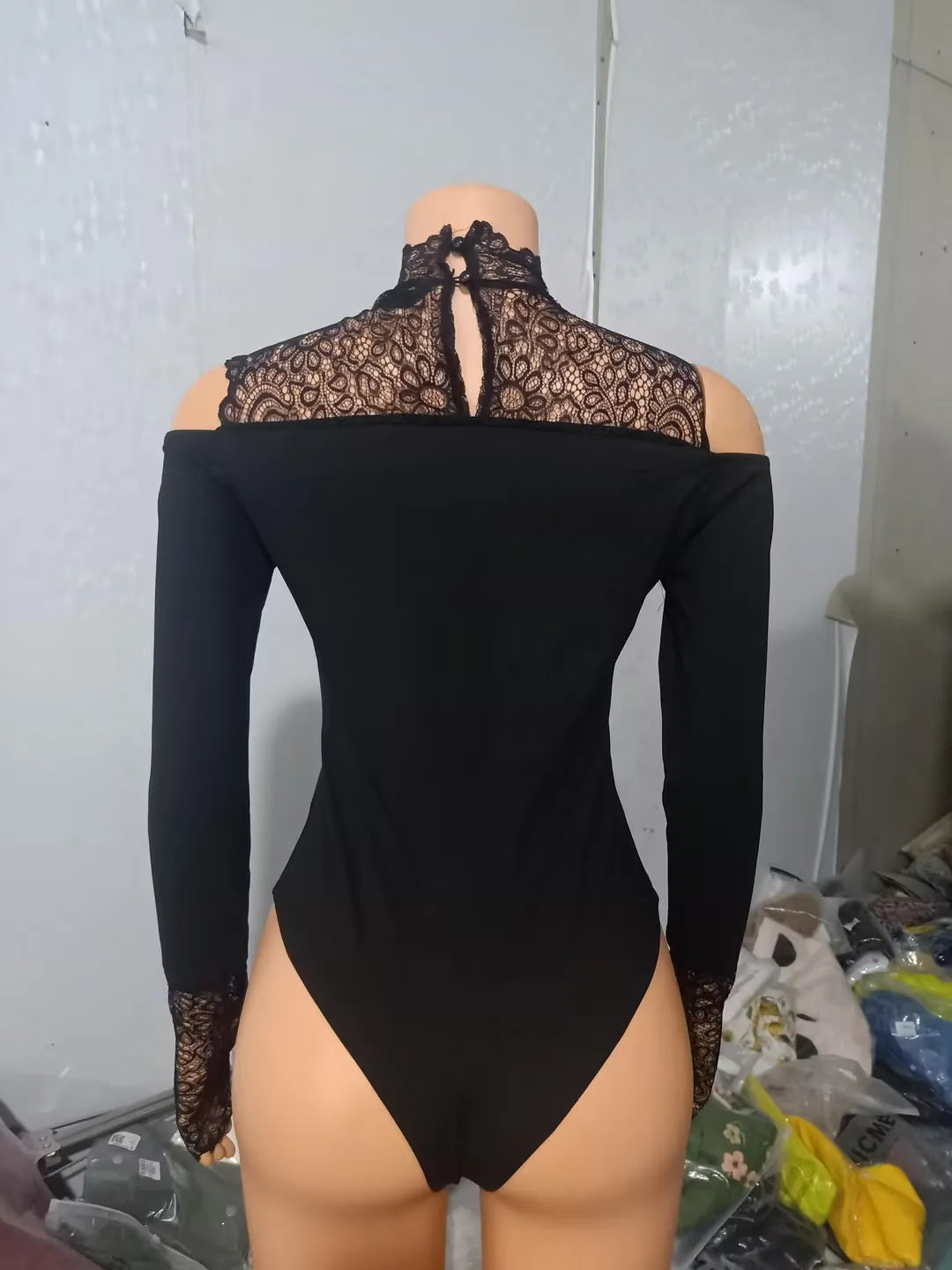 Jumpsuit Women 2022 Summer Fashion Contrast Lace Long Sleeve Sexy Cold Shoulder Plain Skinny Daily Bodysuit