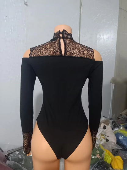 Jumpsuit Women 2022 Summer Fashion Contrast Lace Long Sleeve Sexy Cold Shoulder Plain Skinny Daily Bodysuit