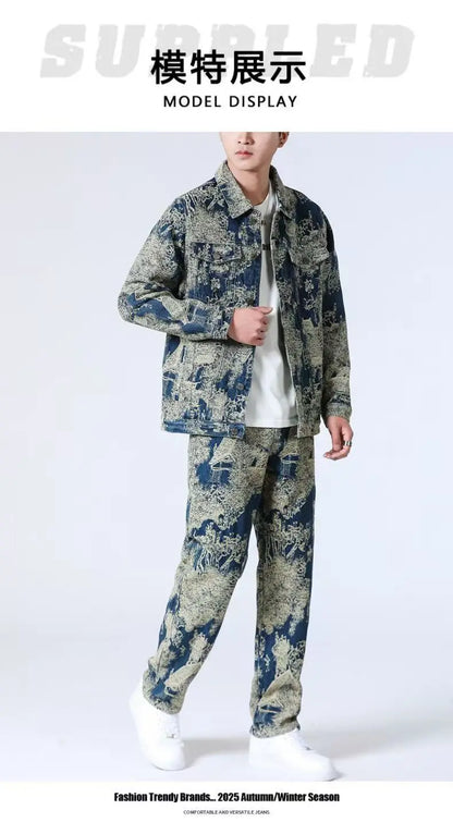 High Street Denim Sets Men's Jacquard Ragged Loose Casual Retro Washed Denim Shirt Style Jacket Jeans Pants