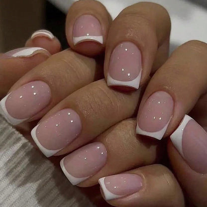 ARTAUG 24PCS Short Press On Nails Square Pink Fingertip White French Trim Press On Nails Full Cover Fake Nails Set Nail