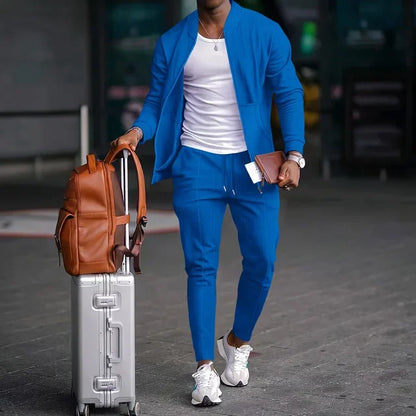 Men's Spring Casual Blazer Set Waffle Baseball Suit round Neck Zipper Long Sleeve Two-Piece Fashion Outfit with Pocket