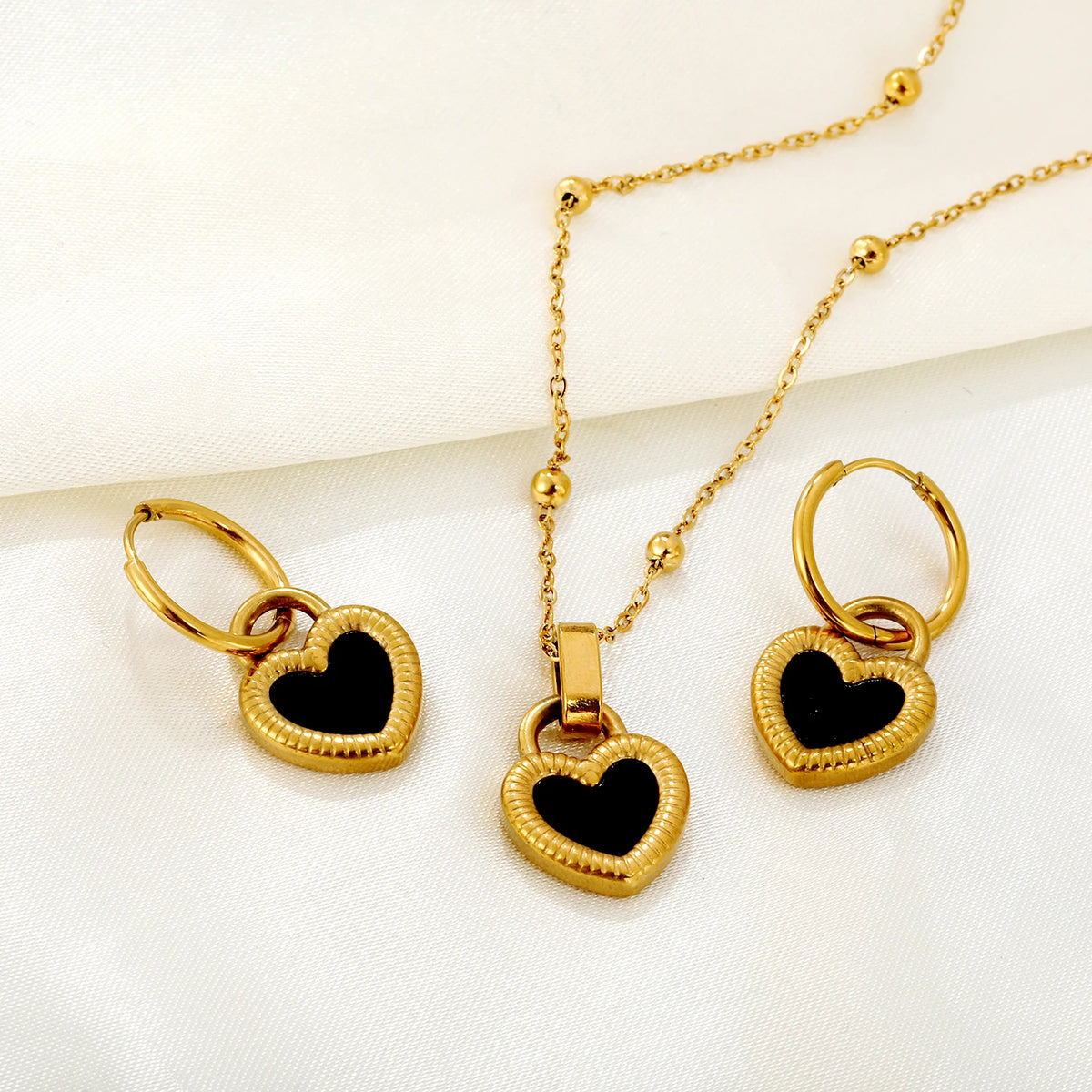 ASONSTEEL Black Shell Heart Necklace Earrings Jewelry Sets Stainless Steel Fashion Exquisite Waterproof Women Anniversary Gift